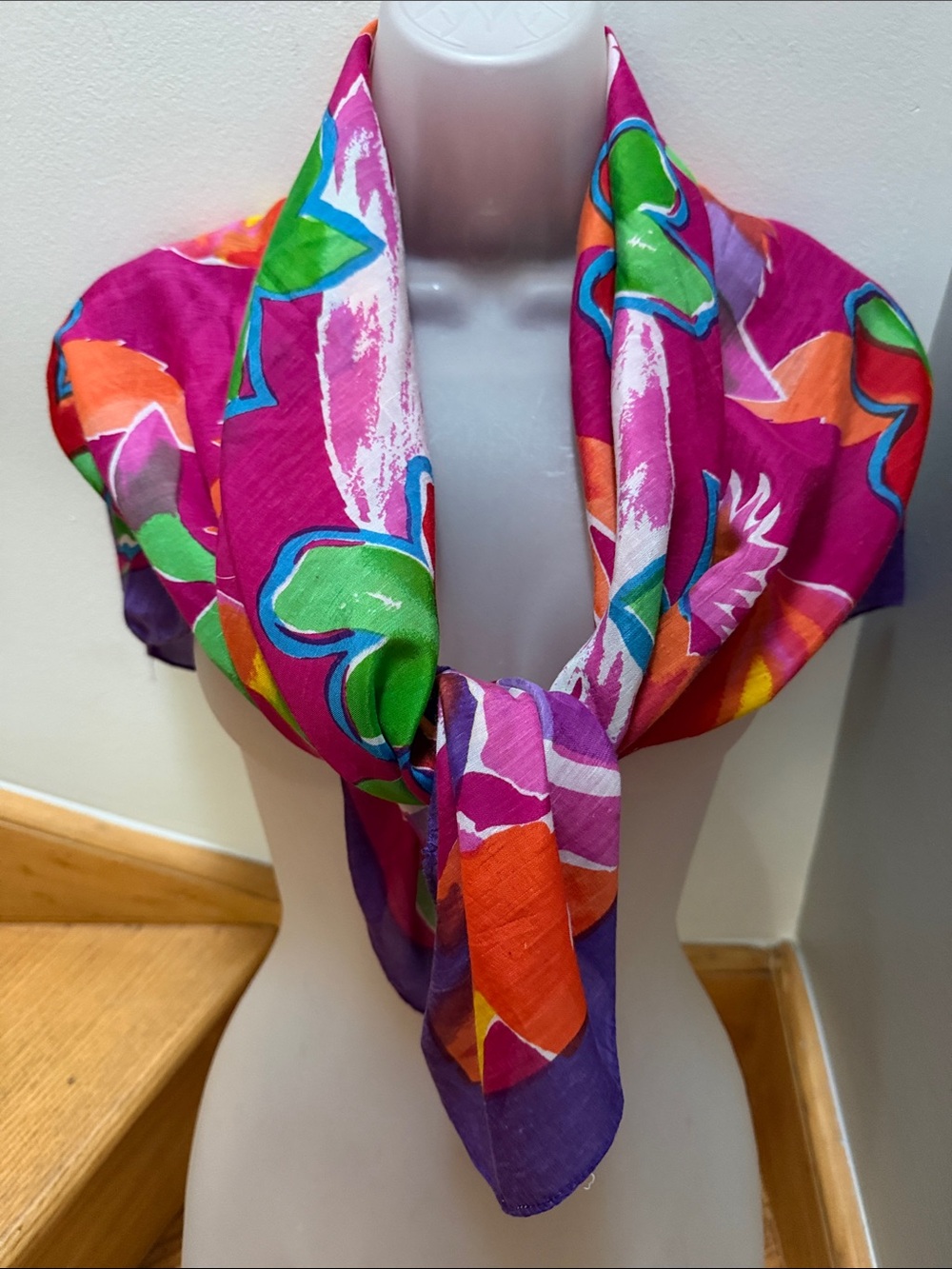 Vibrant Tropical Floral Bird Square Scarf Fuchsia Magenta Pink Orange Purple